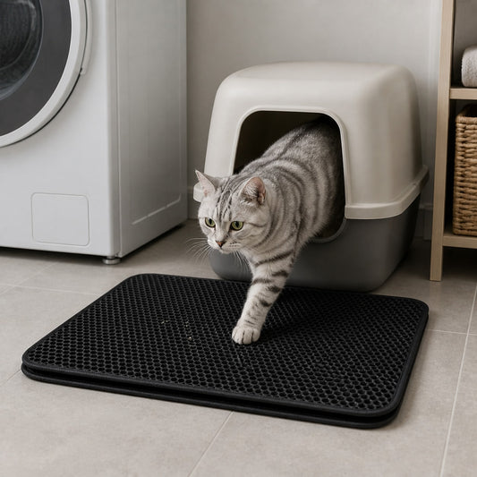 CleanStep Double-Layer Cat Litter Mat shown in an everyday pet routine