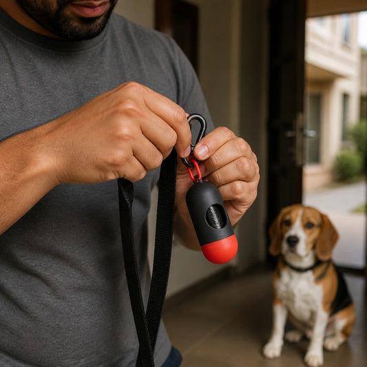 CleanWalk Waste Bag Dispenser shown in an everyday pet routine