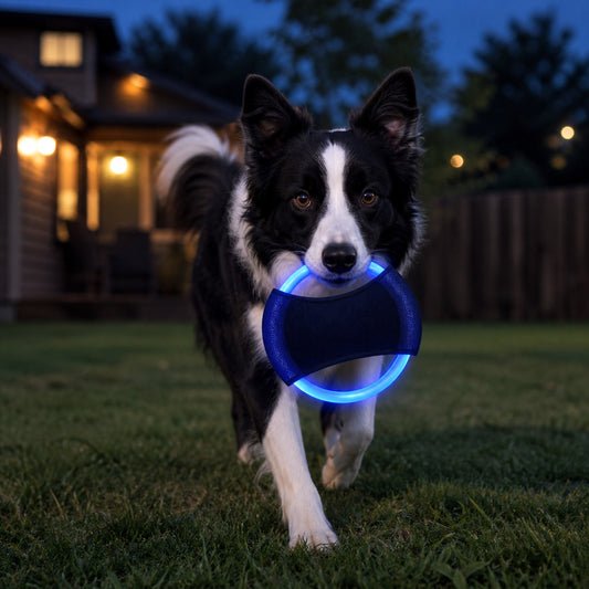 GlowFlight LED Dog Disc shown in an everyday pet routine
