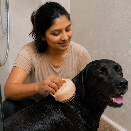 LatherLift Pet Bath Massage Glove shown in an everyday pet routine