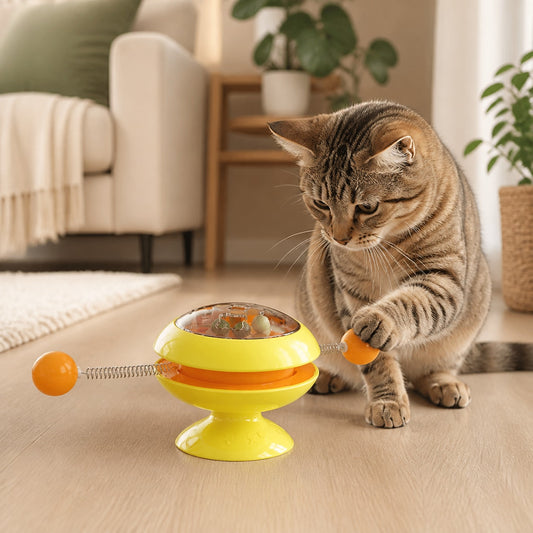 PurrSpin Catnip Play Wheel shown in an everyday pet routine