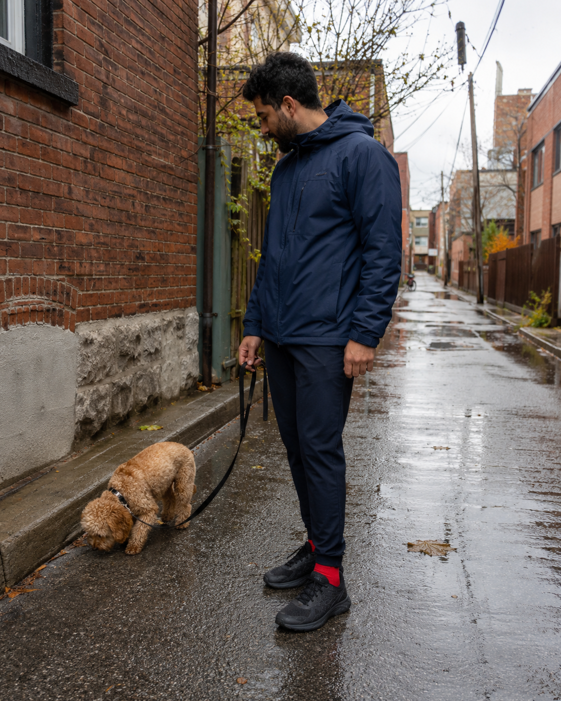 Small dog pausing with its owner on a neighbourhood walk