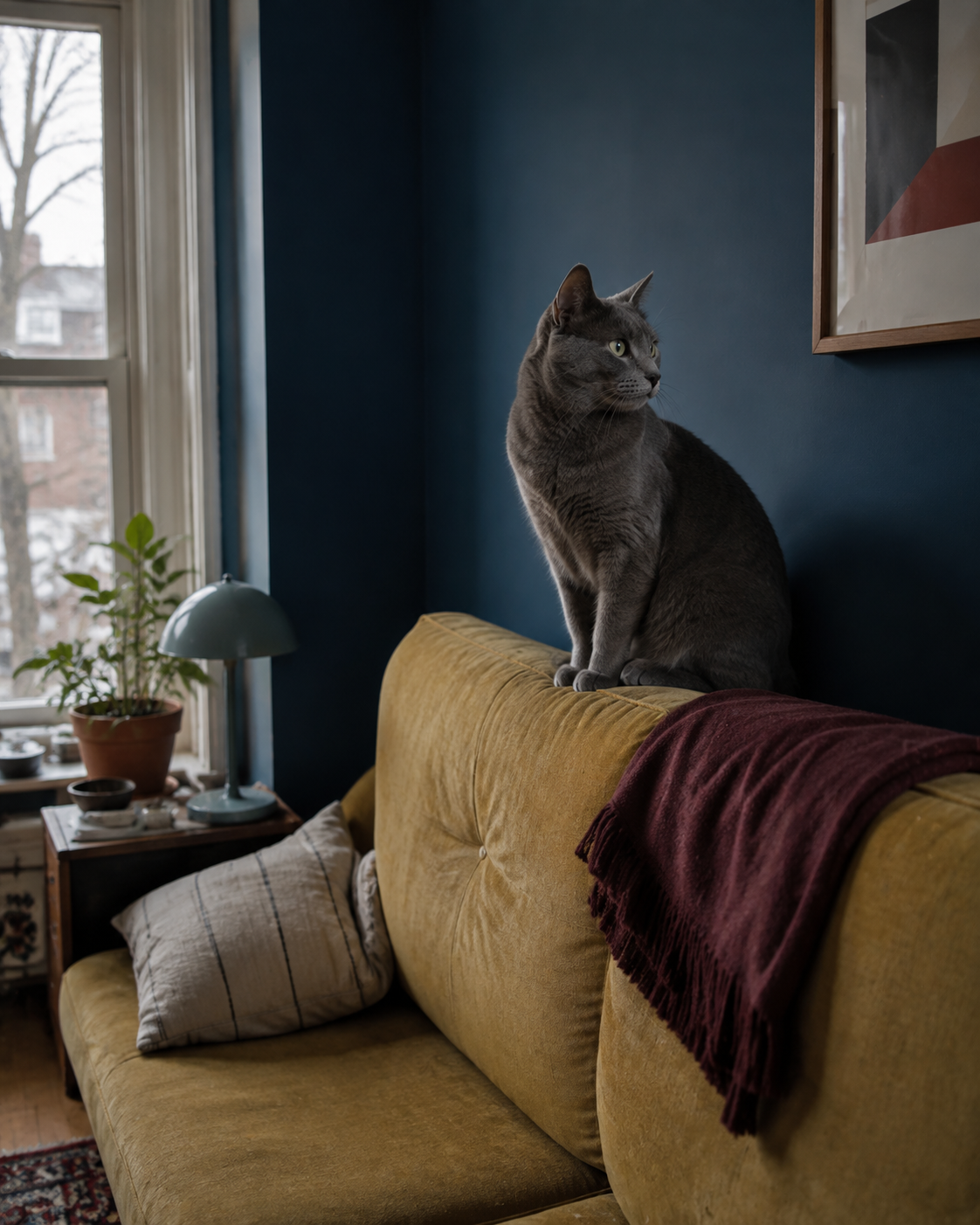 Adult cat resting in a quiet sunlit corner at home