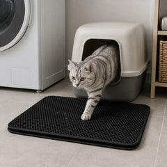 CleanStep Double-Layer Cat Litter Mat shown in an everyday pet routine