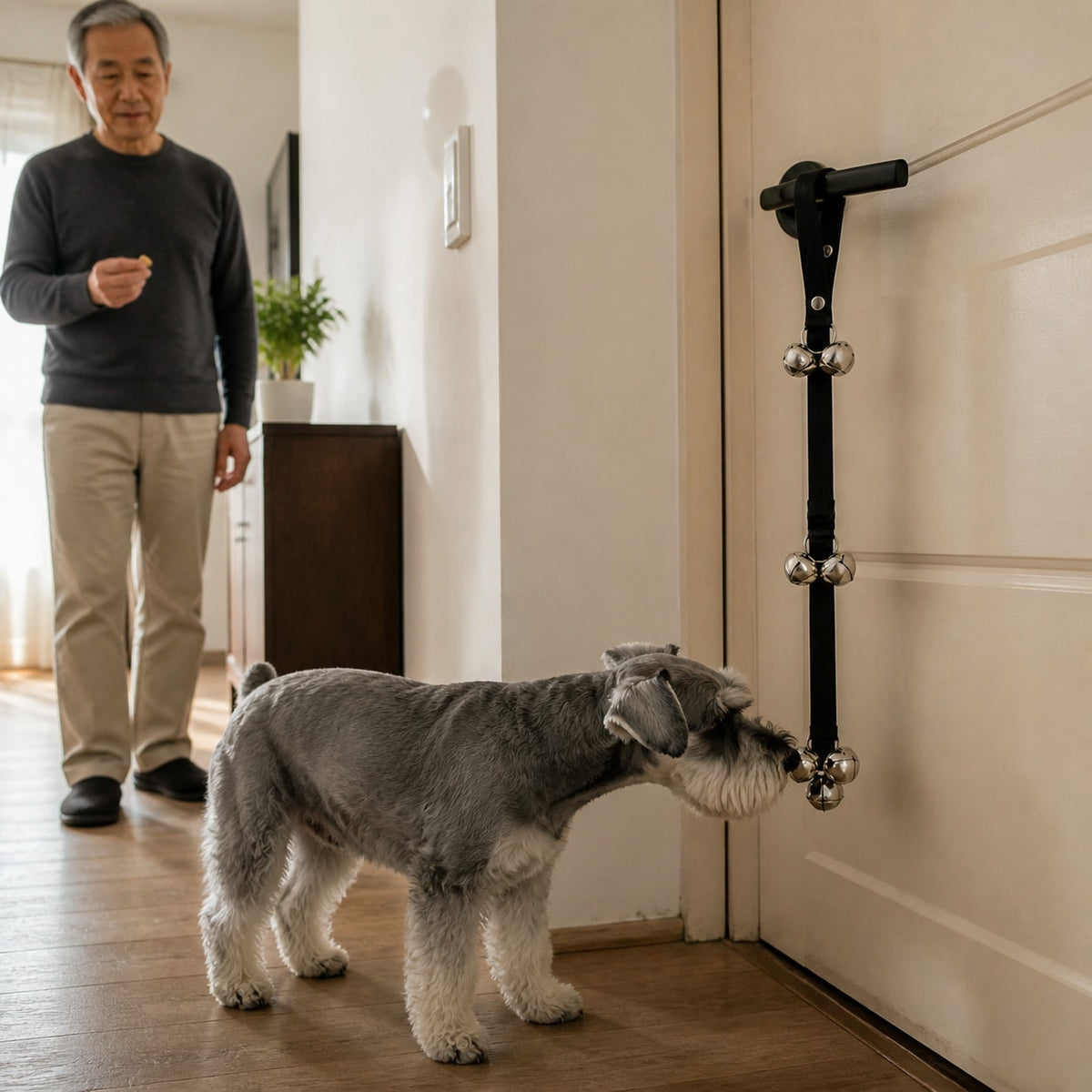 CueBell Dog Training Doorbell shown in an everyday pet routine
