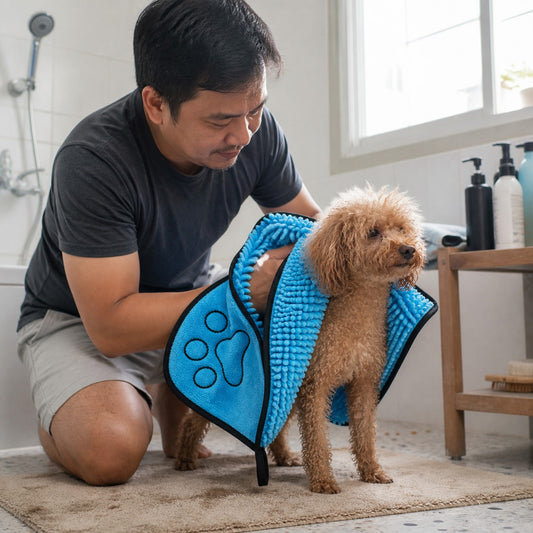 DryNest Super-Absorbent Pet Bathrobe shown in an everyday pet routine