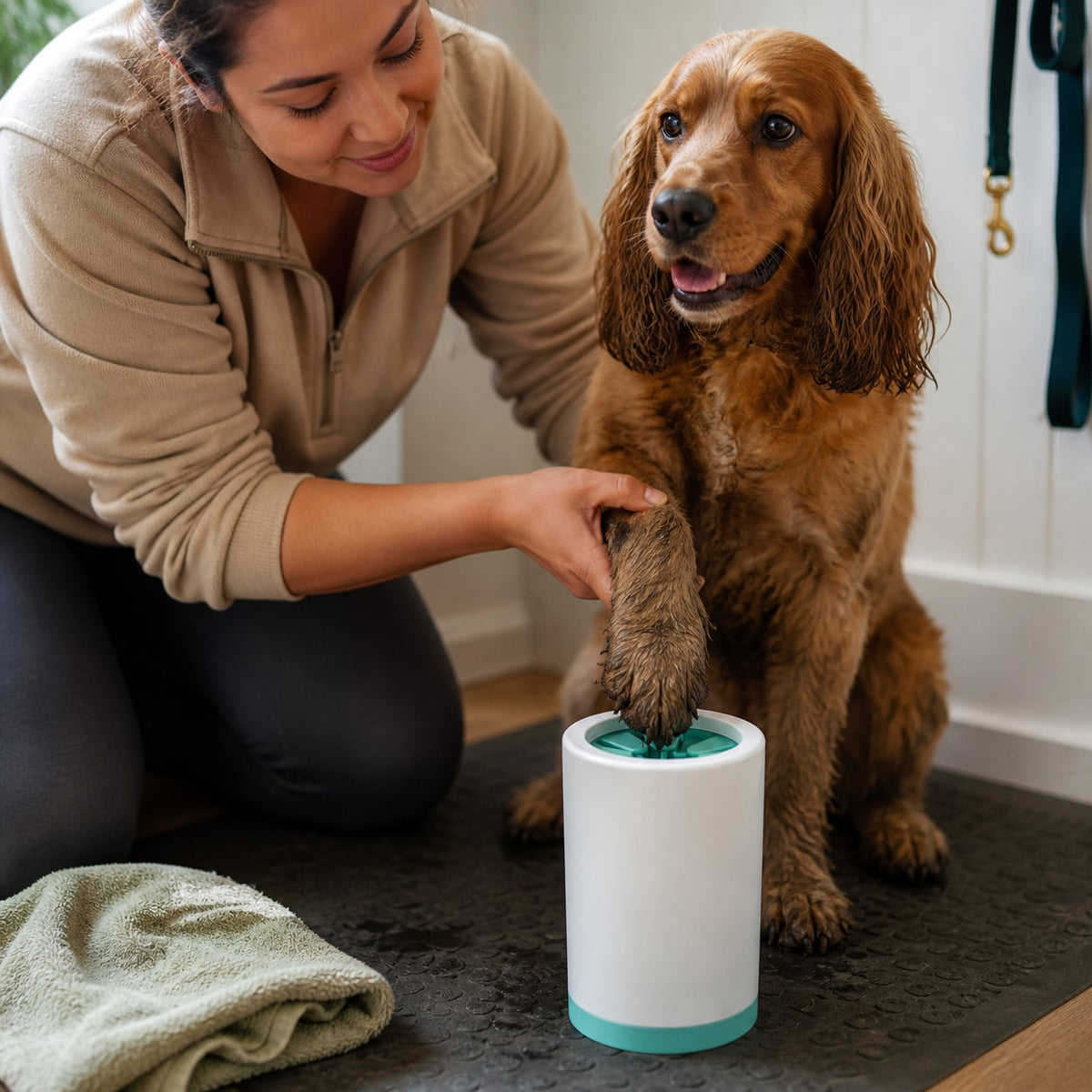 MudOff Dog Paw Cleaner Cup shown in an everyday pet routine