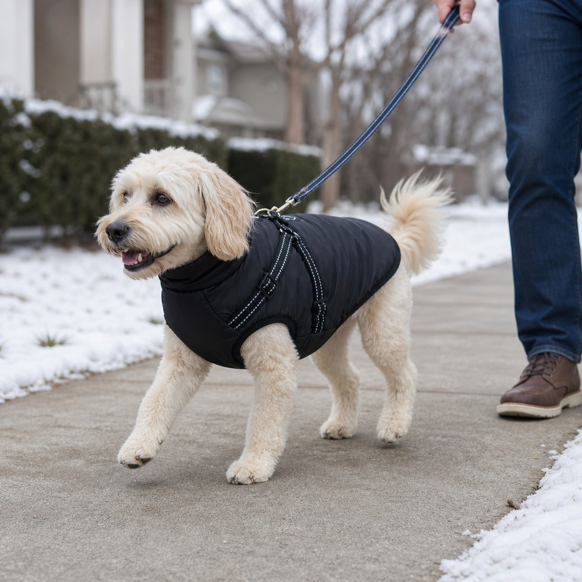 NorthPaw Harnessed Winter Coat shown in an everyday pet routine