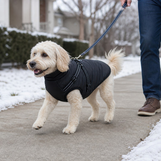 NorthPaw Harnessed Winter Coat shown in an everyday pet routine