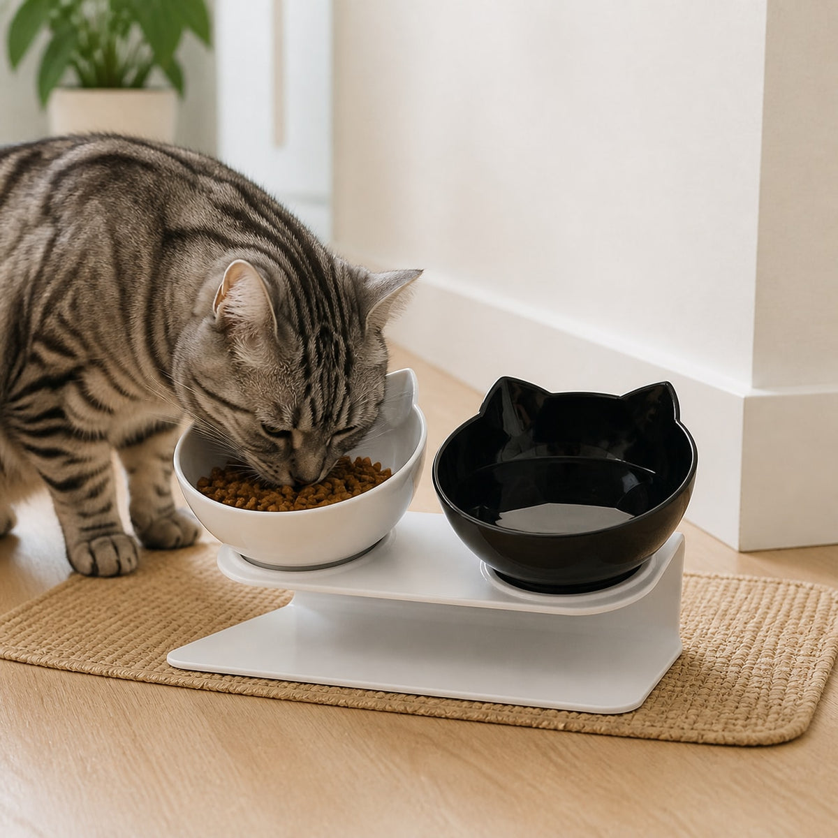 WhiskerEase Tilted Cat Bowl shown in an everyday pet routine